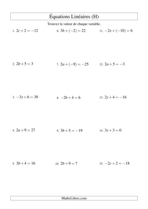 Résolution d'Équations Linéaires (Incluant Valeurs Négatives) -- Forme ax + b = c (H)