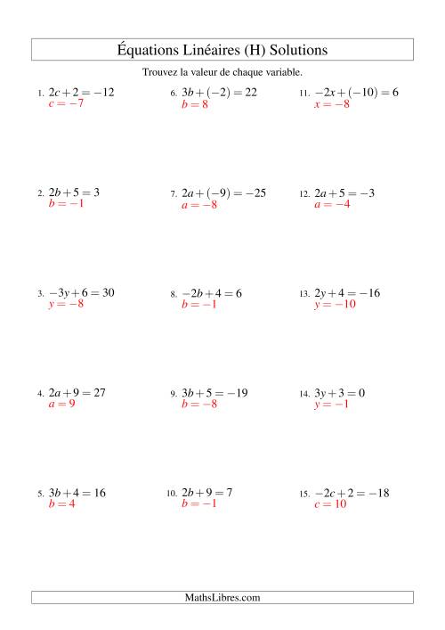 Résolution d'Équations Linéaires (Incluant Valeurs Négatives) -- Forme ax + b = c (H) page 2