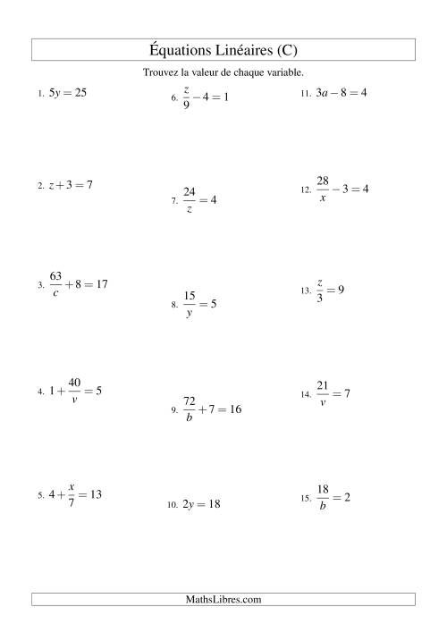 Résolution d'Équations Linéaires -- Forme ax + b = c Toutes Variations (C)