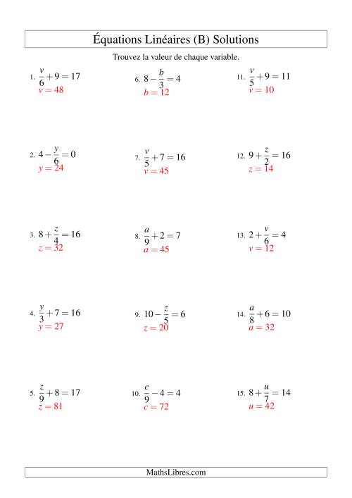 Résolution d'Équations Linéaires -- Forme x/a ± b = c (B) page 2