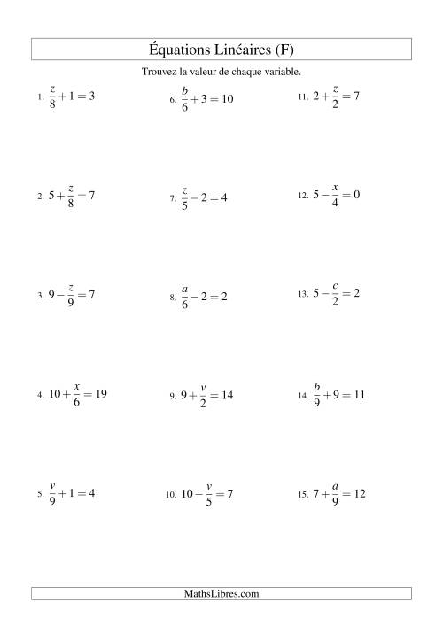 Résolution d'Équations Linéaires -- Forme x/a ± b = c (F)