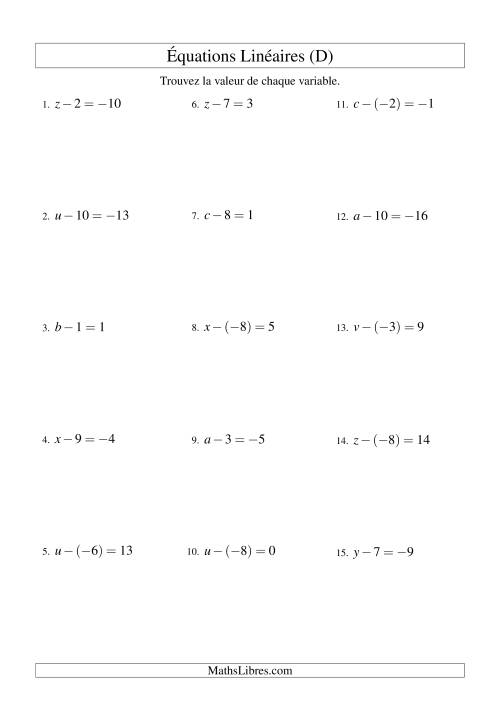 Résolution d'Équations Linéaires (Incluant Valeurs Négatives) -- Forme x - b = c (D)