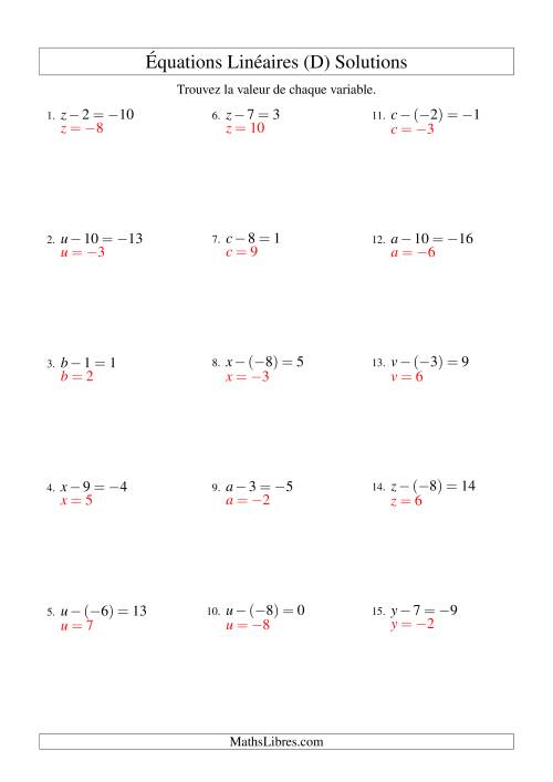 Résolution d'Équations Linéaires (Incluant Valeurs Négatives) -- Forme x - b = c (D) page 2