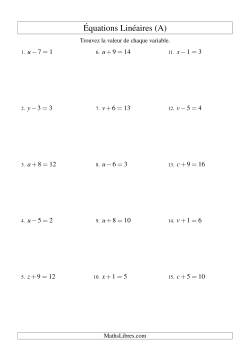 Résolution d'Équations Linéaires -- Forme x ± b = c