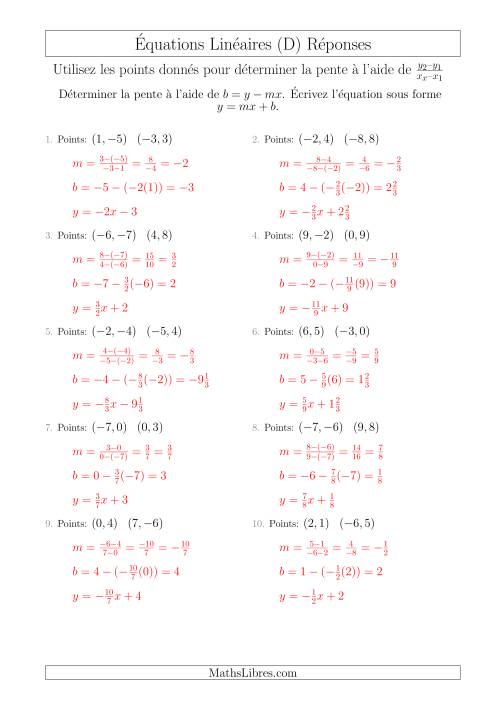 Écrire une Équation Linéaire à Partir des Deux Points (D) page 2