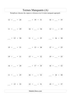 Équations avec Termes Manquants (Espaces Blancs) -- Addition (Variation 1 à 20)