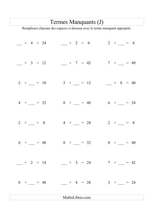 Équations avec Termes Manquants (Espaces Blancs) -- Multiplication (Variation 1 à 9) (J)