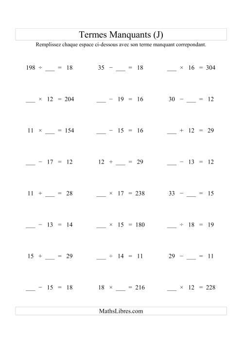Équations avec Termes Manquants (Espaces Blancs) -- Toutes Opérations (Variation 1 à 20) (J)