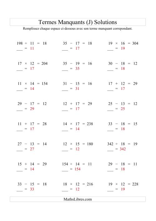 Équations avec Termes Manquants (Espaces Blancs) -- Toutes Opérations (Variation 1 à 20) (J) page 2
