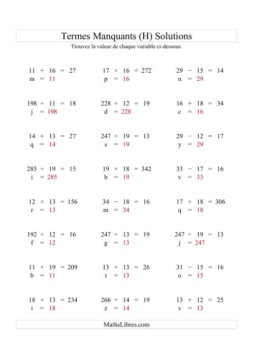 Équations avec Termes Manquants (Variables) -- Toutes Opérations (Variation 1 à 20) (H) page 2