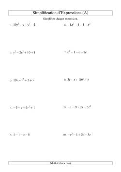 Simplification d'Expressions Algébriques avec Quatre Termes et Une Variable (Addition et Soustraction)