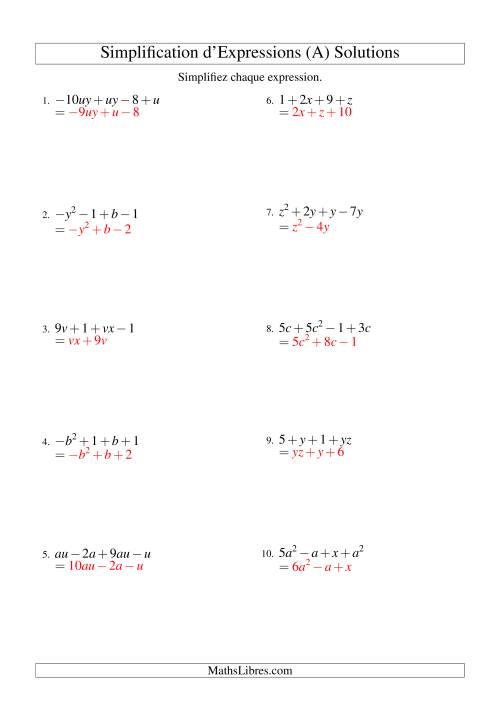 Simplification d'Expressions Algébriques avec Quatre Termes et Deux Variables (Addition et Soustraction) (A) page 2