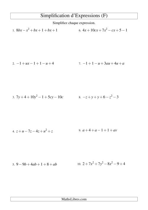 Simplification d'Expressions Algébriques avec Six Termes et Deux Variables (Addition et Soustraction) (F)