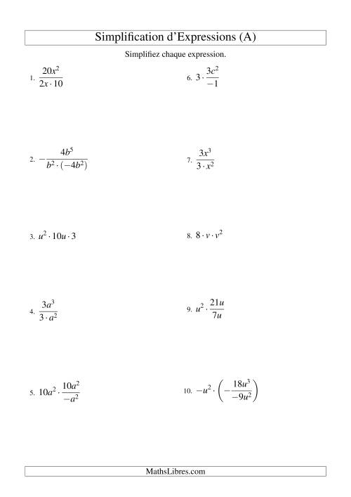 Simplification d'Expressions Algébriques avec Trois Termes et Une Variable (Multiplication et Division) (A)