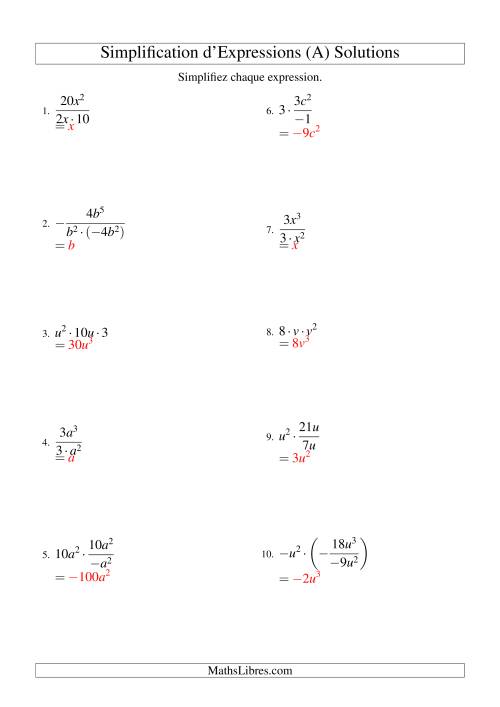 Simplification d'Expressions Algébriques avec Trois Termes et Une Variable (Multiplication et Division) (A) page 2