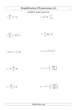 Simplification d'Expressions Algébriques avec Quatre Termes et Une Variable (Multiplication et Division)