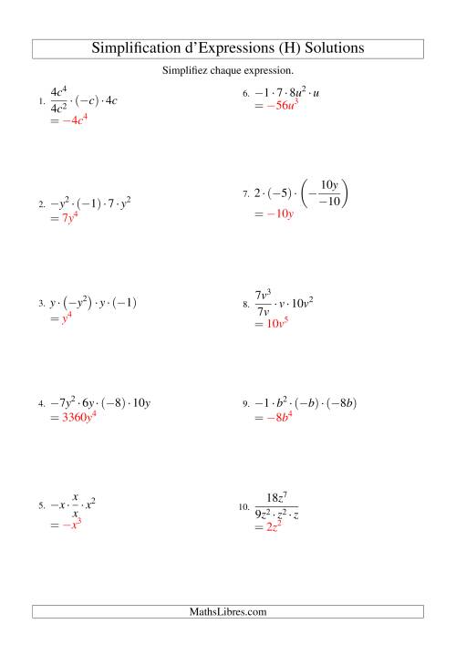 Simplification d'Expressions Algébriques avec Quatre Termes et Une Variable (Multiplication et Division) (H) page 2