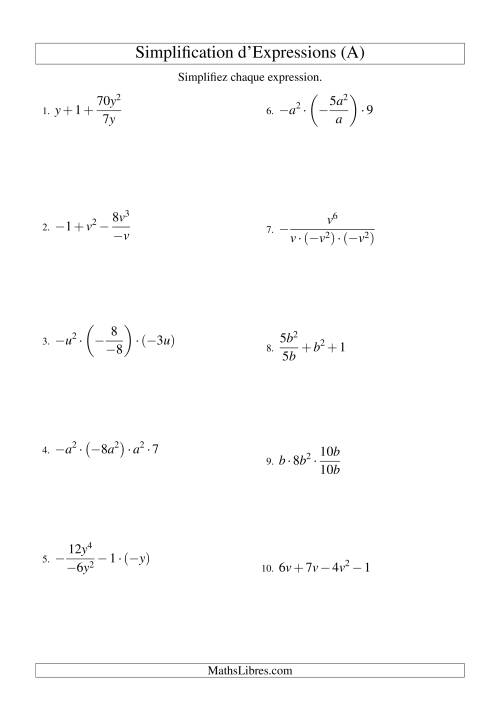 Simplification d'Expressions Algébriques avec Quatre Termes et Une Variable (Toutes Opérations) (A)