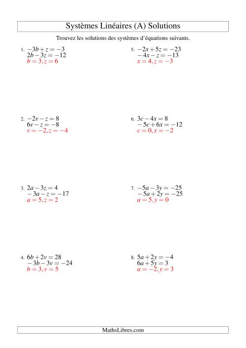 Systèmes d'Équations Linéaires -- Trois Variables Incluant Valeurs Négatives -- Facile (A) page 2