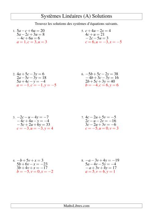 Systèmes d'Équations Linéaires -- Trois Variables Incluant Valeurs Négatives (A) page 2