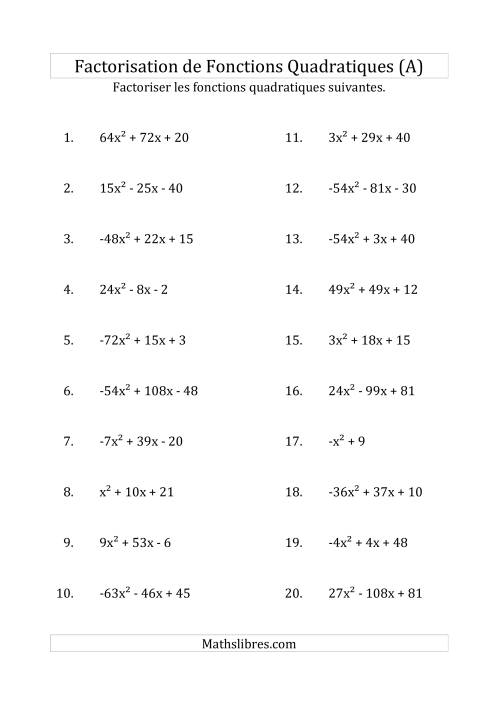 Factorisation d'Expressions Quadratiques (Coefficients «a» variant de -81 à 81) (A)