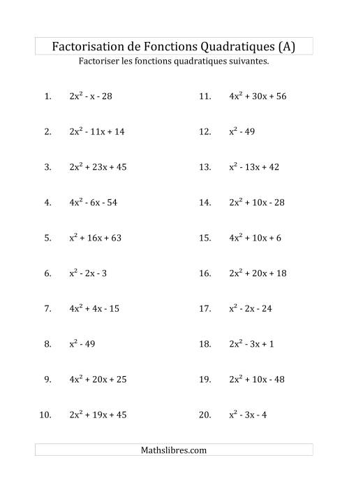Factorisation d'Expressions Quadratiques (Coefficients «a» variant jusqu'à 4) (A)