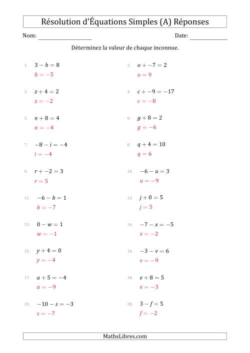 Résolution d'Équations Simples Linéaires avec des Valeurs de -9 à 9 (Inconnue à Gauche de l'Égalité) (A) page 2
