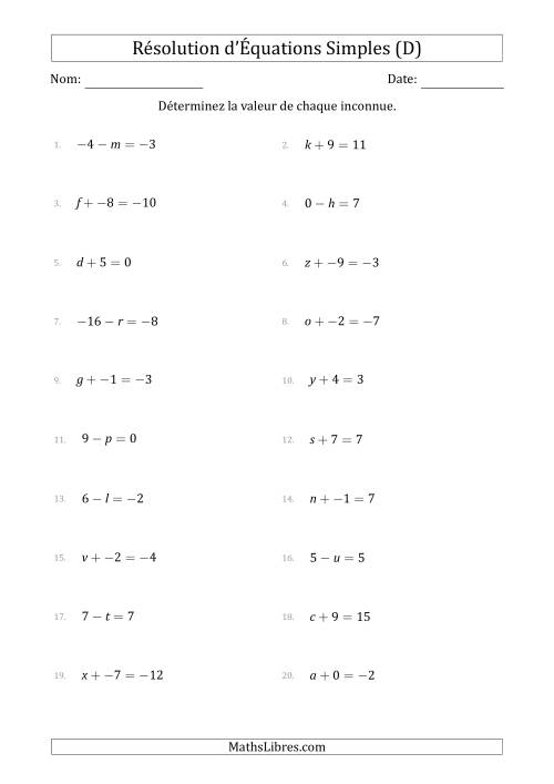 Résolution d'Équations Simples Linéaires avec des Valeurs de -9 à 9 (Inconnue à Gauche de l'Égalité) (D)