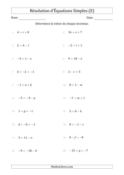 Résolution d'Équations Simples Linéaires avec des Valeurs de -9 à 9 (Inconnue à Gauche ou à droite de l'Égalité) (E)