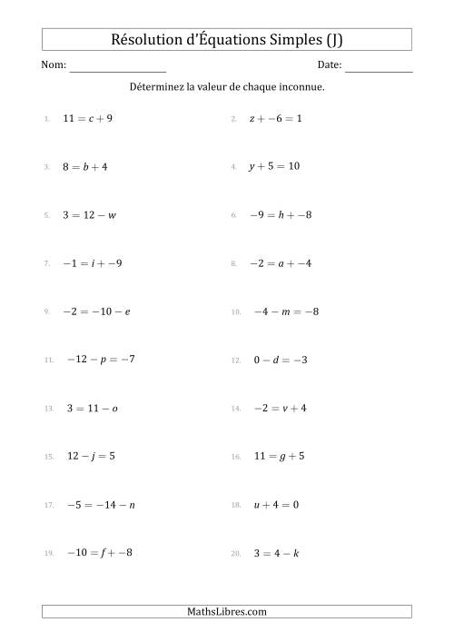Résolution d'Équations Simples Linéaires avec des Valeurs de -9 à 9 (Inconnue à Gauche ou à droite de l'Égalité) (J)