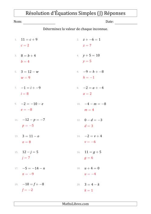 Résolution d'Équations Simples Linéaires avec des Valeurs de -9 à 9 (Inconnue à Gauche ou à droite de l'Égalité) (J) page 2