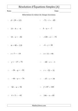 Résolution d'Équations Simples Linéaires avec des Valeurs de -99 à 99 (Inconnue à Gauche de l'Égalité)