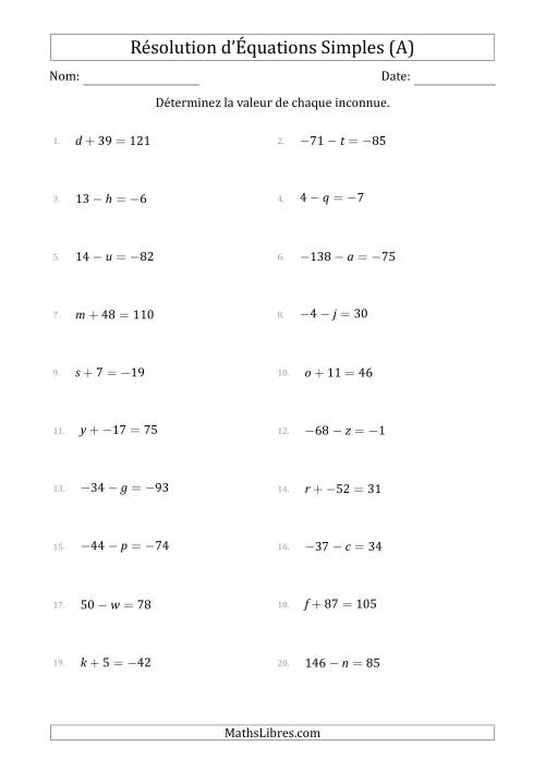 Résolution d'Équations Simples Linéaires avec des Valeurs de -99 à 99 (Inconnue à Gauche de l'Égalité) (A)