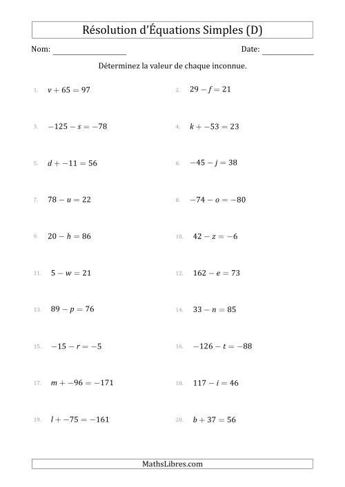 Résolution d'Équations Simples Linéaires avec des Valeurs de -99 à 99 (Inconnue à Gauche de l'Égalité) (D)