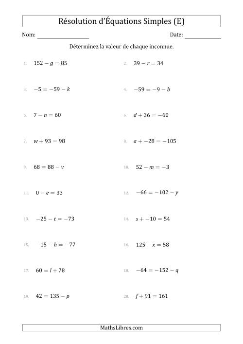 Résolution d'Équations Simples Linéaires avec des Valeurs de -99 à 99 (Inconnue à Gauche ou à droite de l'Égalité) (E)
