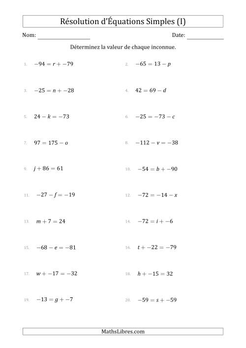 Résolution d'Équations Simples Linéaires avec des Valeurs de -99 à 99 (Inconnue à Gauche ou à droite de l'Égalité) (I)