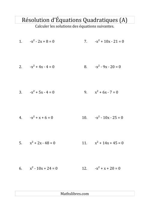 Résolution d’Équations Quadratiques (Coefficients de 1 ou -1) (A)