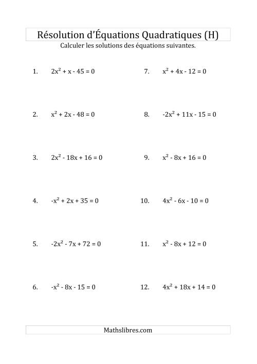 Résolution d’Équations Quadratiques (Coefficients variant de -4 à 4) (H)