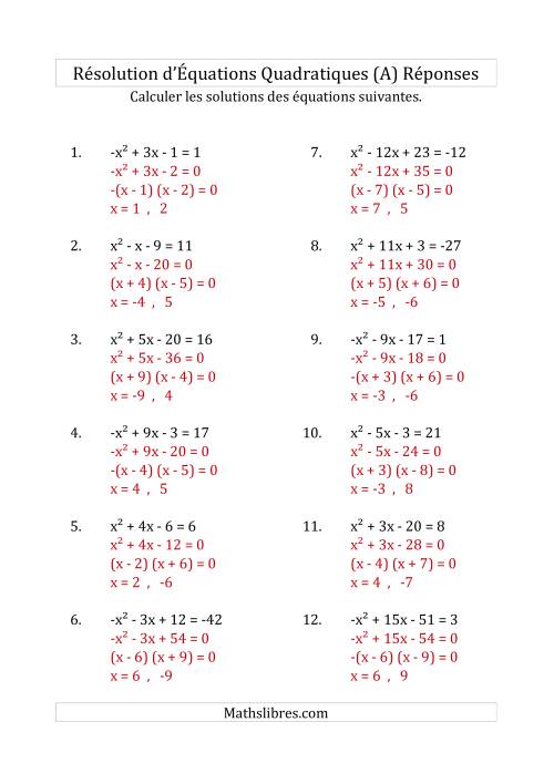 Résolution d’Équations Quadratiques (Coefficients de 1 ou -1) (A) page 2