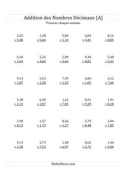 Addition de Nombres Décimaux au Centième Près Avec 1 Chiffre Avant le Nombre Décimal (variant de 1,01 à 9,99)