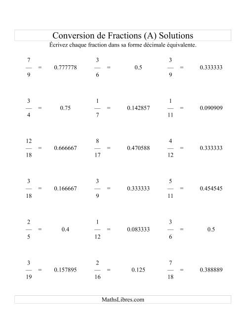 Conversion de Fractions en Nombres Décimaux (A) page 2