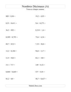 Addition horizontale de nombres décimaux (3 décimales)