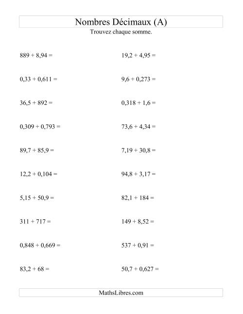 Addition horizontale de nombres décimaux (3 décimales) (A)