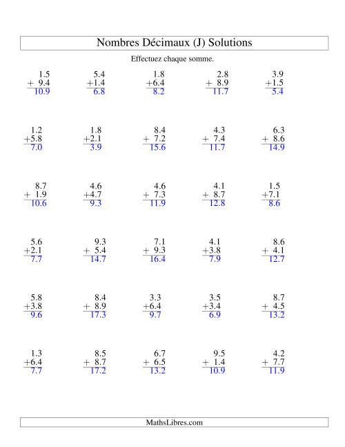 Addition de nombres décimaux (1,1 à 1,9) (J) page 2