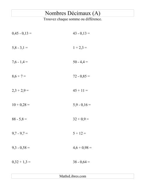 Addition et soustraction horizontale de nombres décimaux (2 décimales) (A)