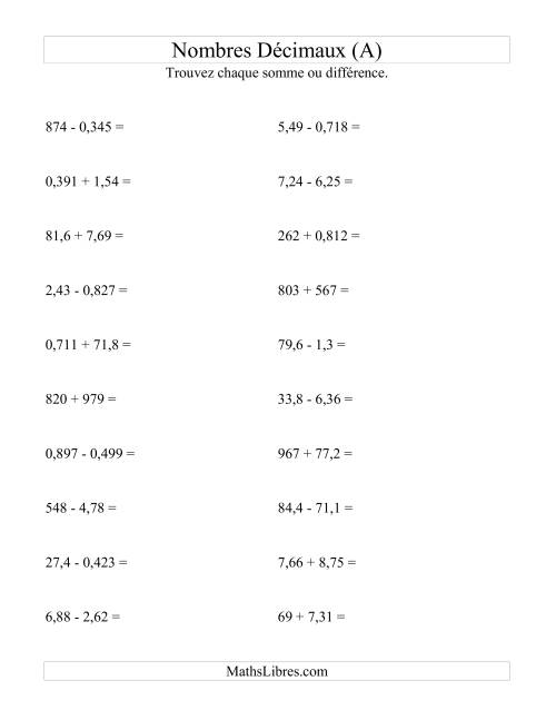 Addition et soustraction horizontale de nombres décimaux (3 décimales) (A)