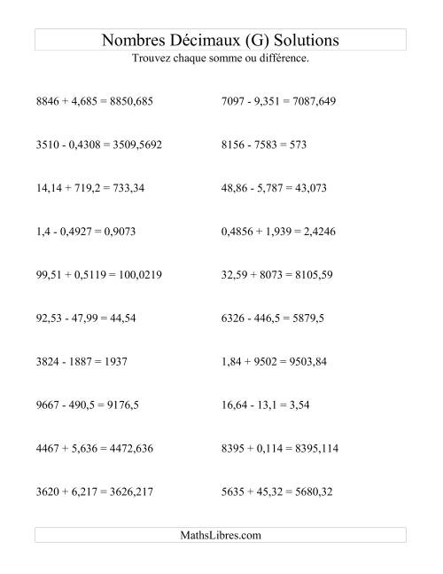 Addition et soustraction horizontale de nombres décimaux (4 décimales) (G) page 2