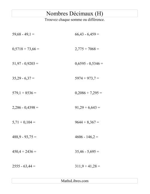 Addition et soustraction horizontale de nombres décimaux (4 décimales) (H)