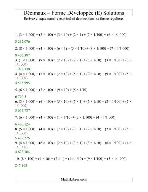 Écriture de nombres décimaux de la forme développée à la forme régulière (4 avant la virgule; 3 après) (E) page 2