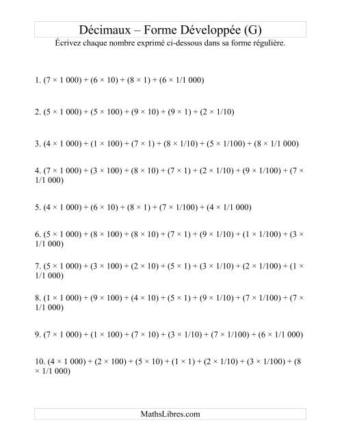 Écriture de nombres décimaux de la forme développée à la forme régulière (4 avant la virgule; 3 après) (G)